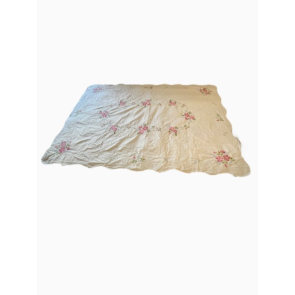 Beige Floral Embroidered Tablecloth 67" X 49" Pink & Blue Cross-Stitch VTG - Picture 3 of 13